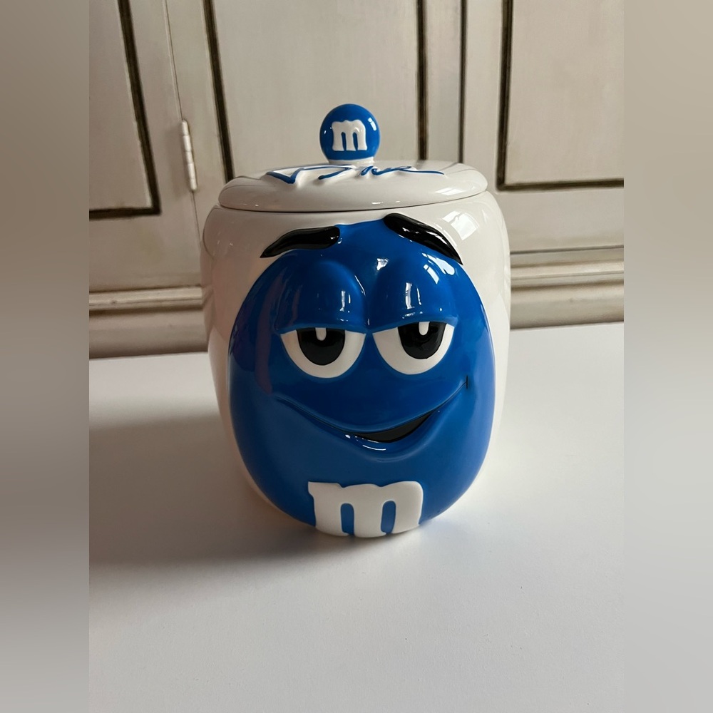 Vintage Galerie ‘03 M&M's Ceramic Candy Cookie Jar with Lid Canister Blue rare